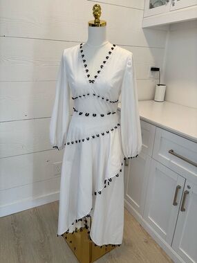 White Midi Dress Black Trim V Neck Long Sleeve Asymmetrical Hem Chicways Size S